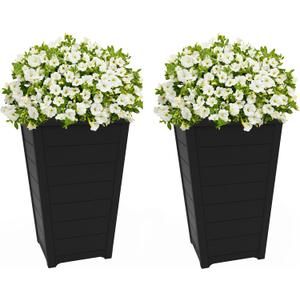 Keter Set of 2 Resin Modern Outdoor 22 Inch Tall Large Flower Pots, Tapered Wood Look Planters for Outdoor Plants and Front Porch Decor, Graphite