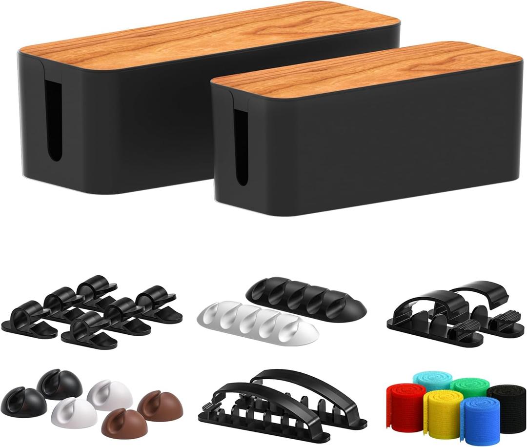 Cable Management Box 2 Pack with 16 Cable Clips Set-Large & Medium & Small Wooden Style Cable Organizer Box to Hide Wires&Power Strips, Cord Organizer Box, Cable Organizer for Home & Office [Black]