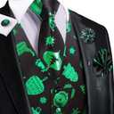 Hi-Tie Christmas Vest and Tie Set For Mens Print Shiny Suit Waistcoat Necktie Xmas Holiday Party Tuxedo Vest (Medium, Black and Green Reindeer)