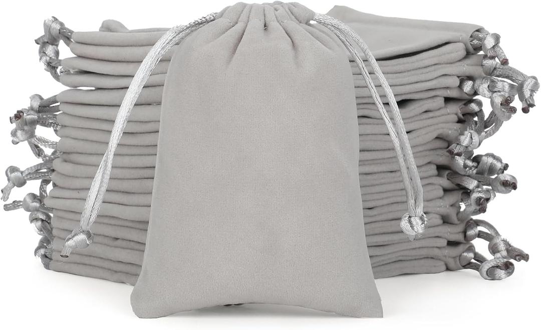 Velvet Drawstring Jewelry Bag, 50Pcs Grey Coin Pouch, 3x4 Dice Bag, for Wrapping Valentine's Day Party Favors or Gifts for Friends, Small Business, Crosses, Necklaces, Bracelet