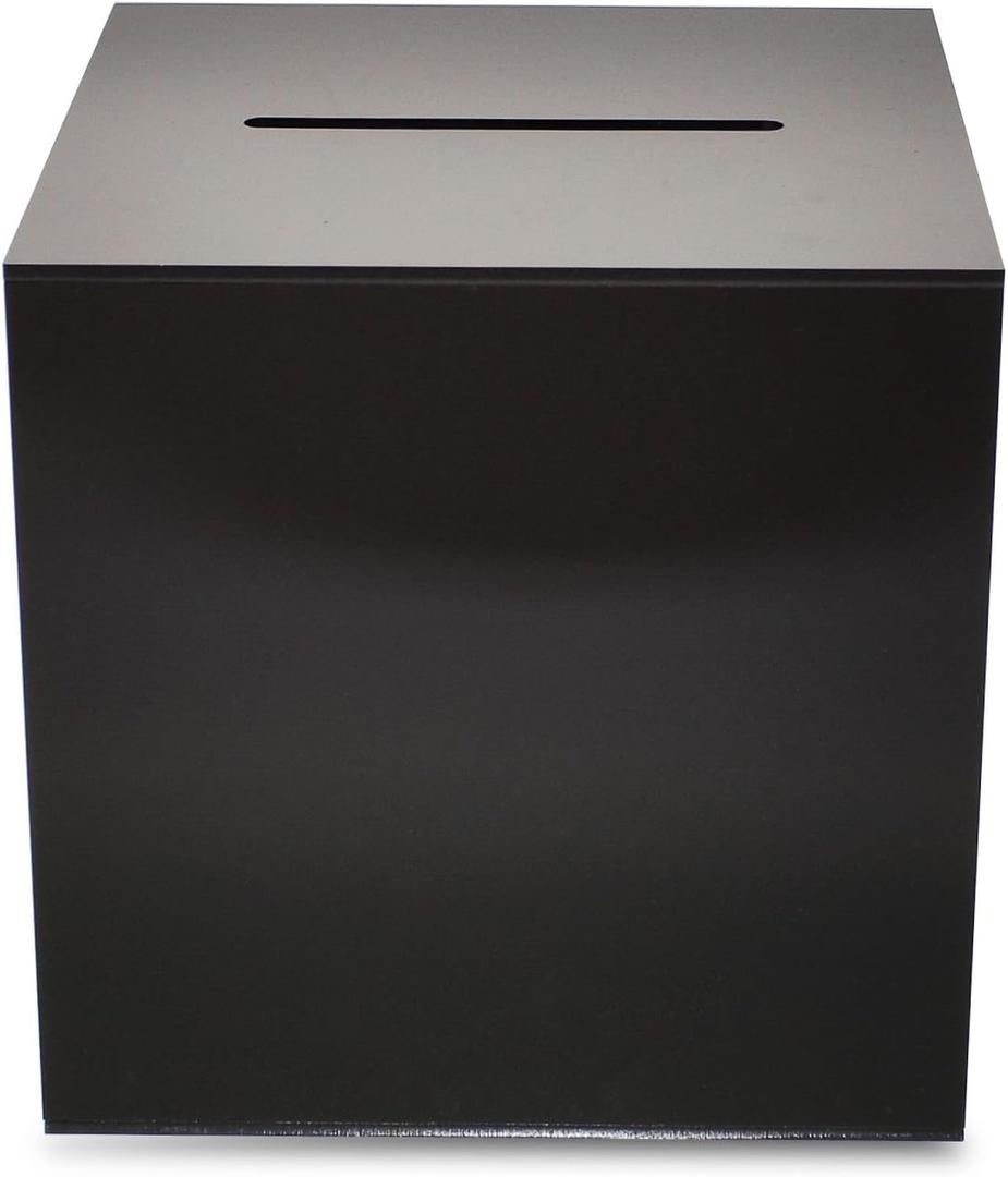 Source One Premium Acrylic Cube Donation Box with Deluxe Rear Open Door and Cam Lock Suggestion Box (12 Inch, Black)