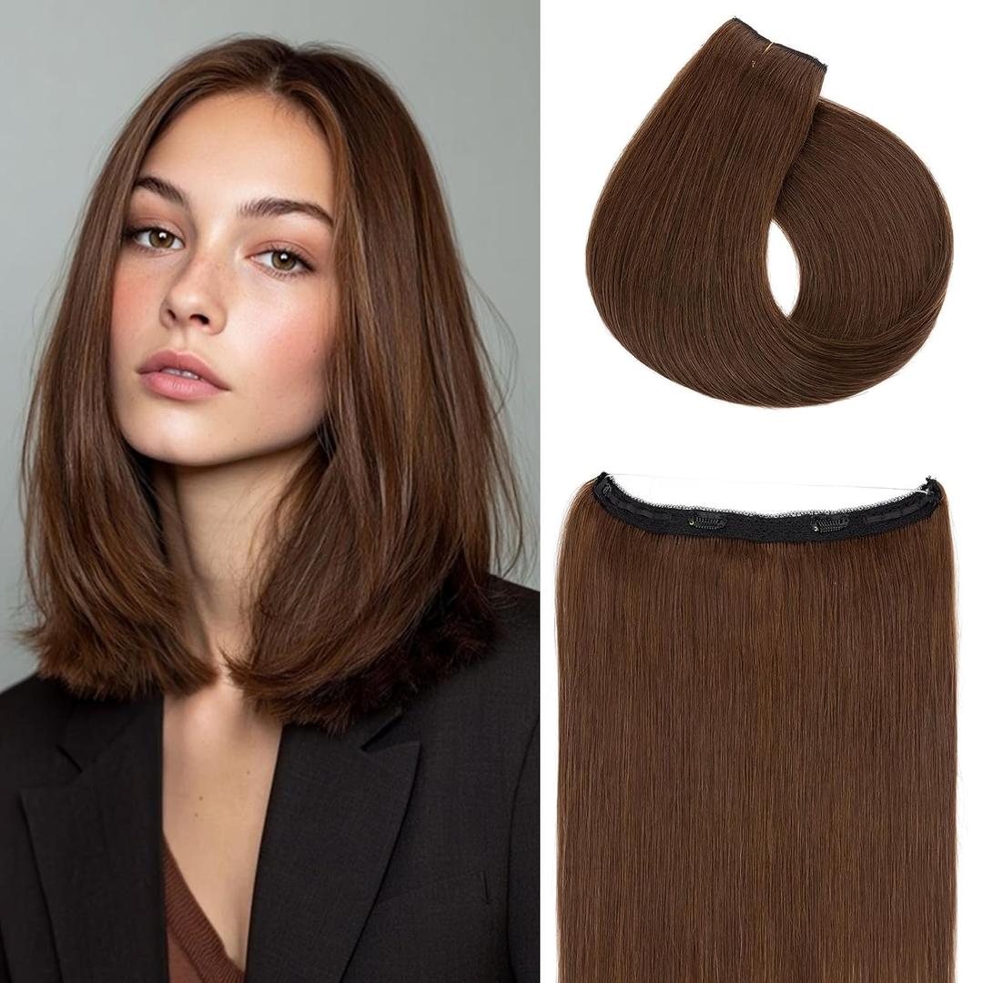 Rich Choices Short Halo Hair Extensions Real Human Hair Remy Hairs Halo Extension for Women Invisible Wire One Piece Clip in Hairpiece for Short Hairs 12 Inch Straight-#4R Medium Brown