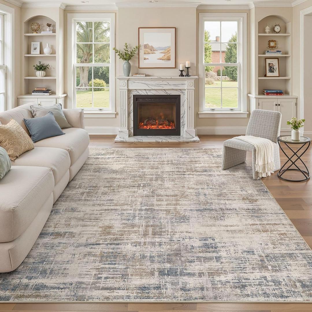 UERMEI 10x12 Washable Area Rug for Living Room: Modern Neutral Abstract Large Soft Low Pile Carpet Non-Slip Pet Kids Friendly Indoor Decor for Bedroom Dining Room Home Office Nursery Brown