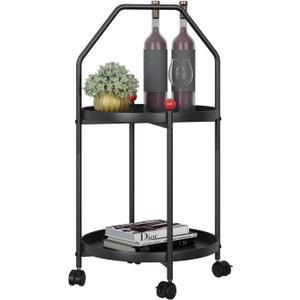 2-Tier Portable Side Table,Modern End Table with Wheels and Armrests,Metal Accent Table for Small Spaces Outdoor Patio,Small Round Nightstand Bedside for Living Room or Bedroom (Black)