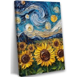 2D No Texture Sunflower Canvas Wall Art, Starry Night Sunflower Painting, Blue Starry Wall Decor, Yellow Flower Picture for Wall Living Room Bathroom Bedroom Home Decoration 12*18 in (Stretched Canvas on A Wooden Frame)