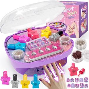 Girls Nail Polish Set Purple, Toys for Girl Age 5 6 7 8 9 10, Nail Care Kit with Nail Polish, Nail Dryer, Fake Nails, Nail Glitter, Filer and Toe Separator, for Girls 5-8