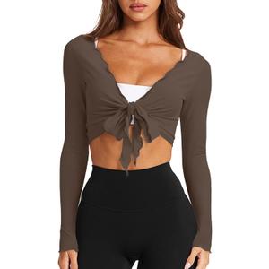 LASLULU Womens Tie Front Wrap Tops Long Sleeve Bolero Shrugs Crop Cardigan Yoga Ballet Cover up Tops Pilates Outfits (Large, Coffee)