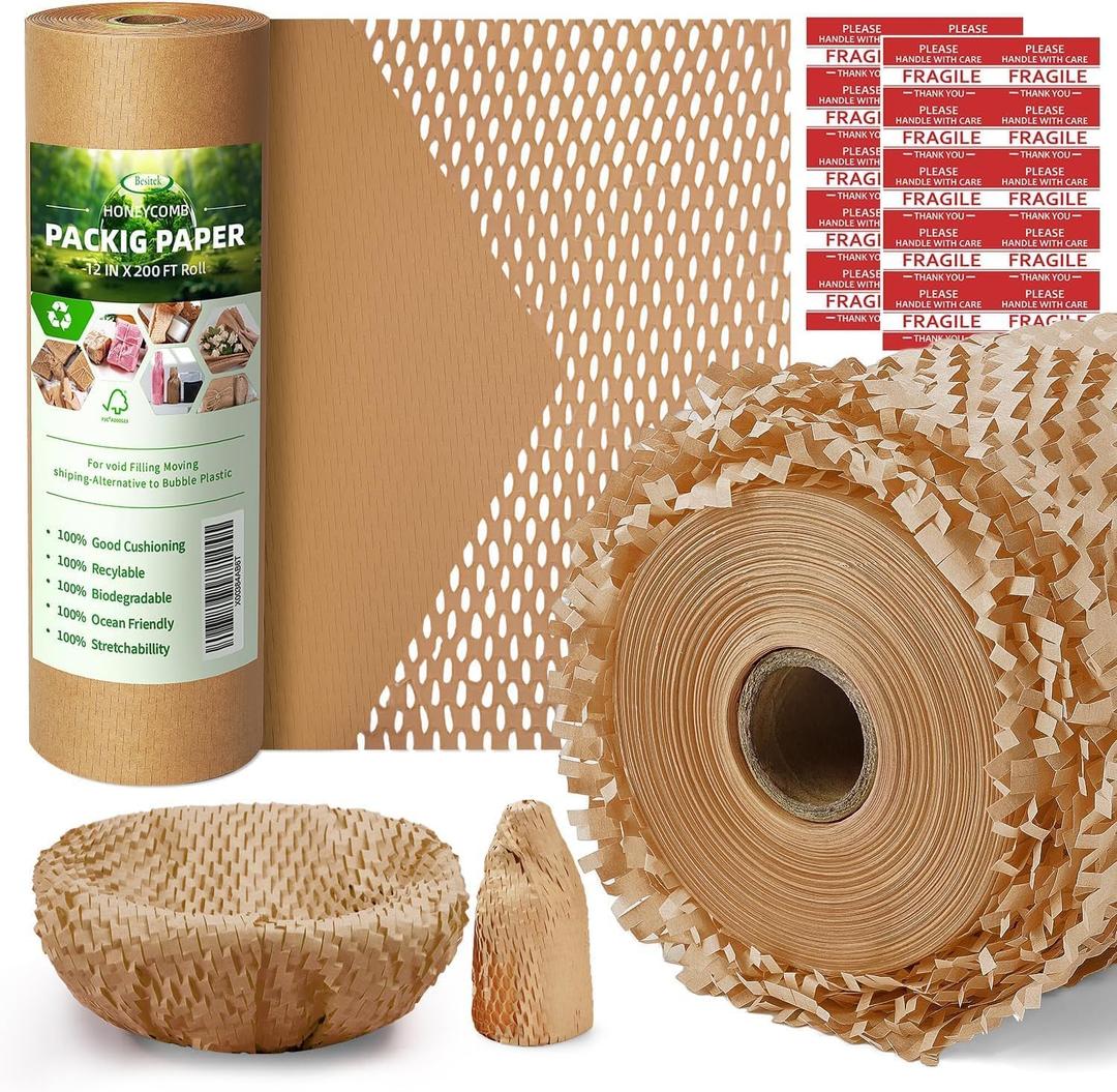 Honeycomb Packing Paper,12 inch x 200 ft Bubble Cushioning Wrap for Packing Moving,Products Gifts Wrapping Paper,Recyclable and Biodegradable Shipping Packing Materials with 20 Fragile Sticker Labels (Brown)
