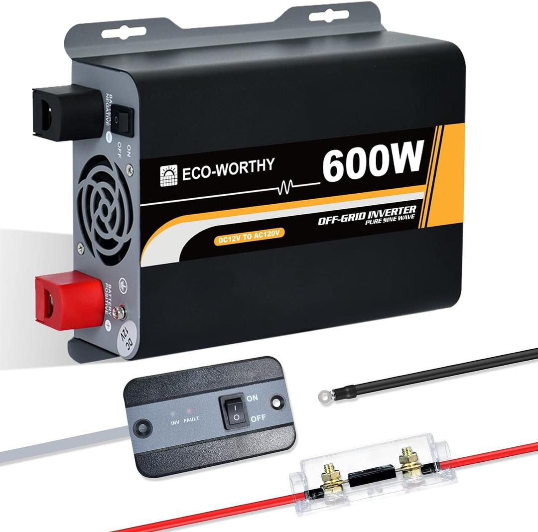 ECO-WORTHY 600W Pure Sine Wave Inverter - AC Output, USB Output Port, LED Indicator, Dual Cooling Fans and Remote Display. Perfect for RV, Cottage, Home, Truck, Shed, Outdoor