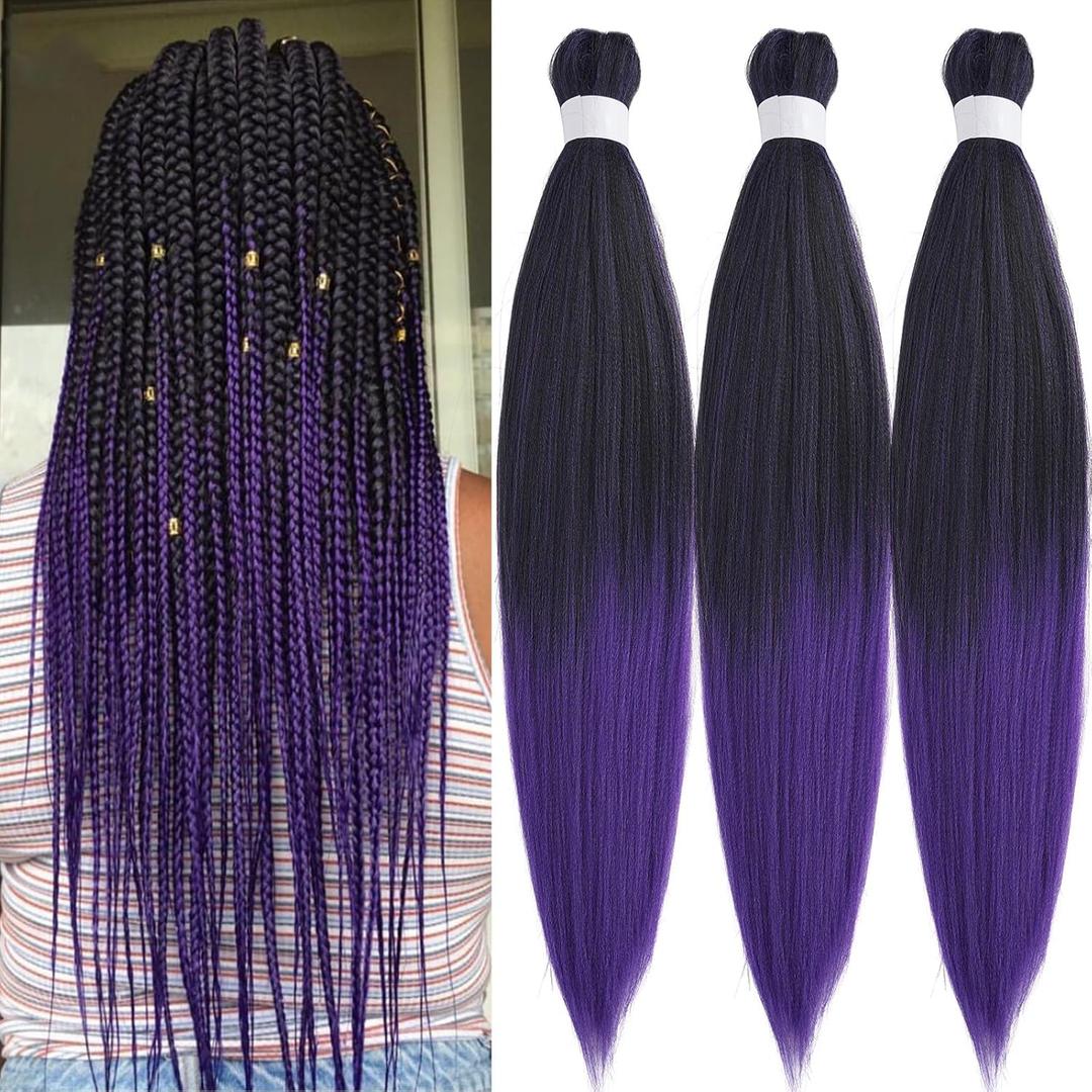 1b Purple Pre Stretched Braiding Hair Purple Ombre Braiding Hair Pre Stretched Synthetic Hair Extensions for Braiding Box Braids Yaki Knotless Hypoallergenic Prestretched Braiding Hair 26 inch