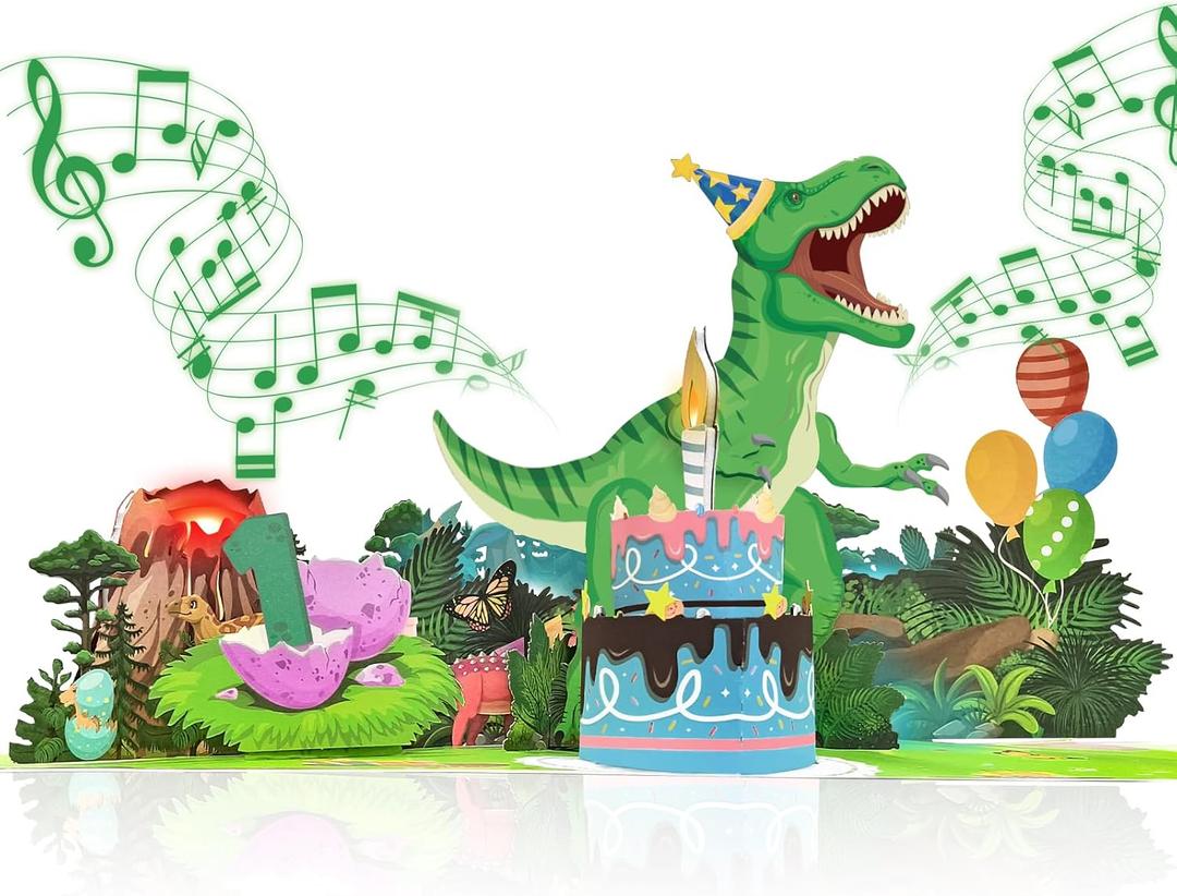 3D Greeting Pop Up 1st Birthday Card with light and music, dinosaur card For Boy, Nephew, Grandson, Son, Toddler, with Envelope, Message Card - Open it play: plays hit song 'Happy Birthday' (1st)