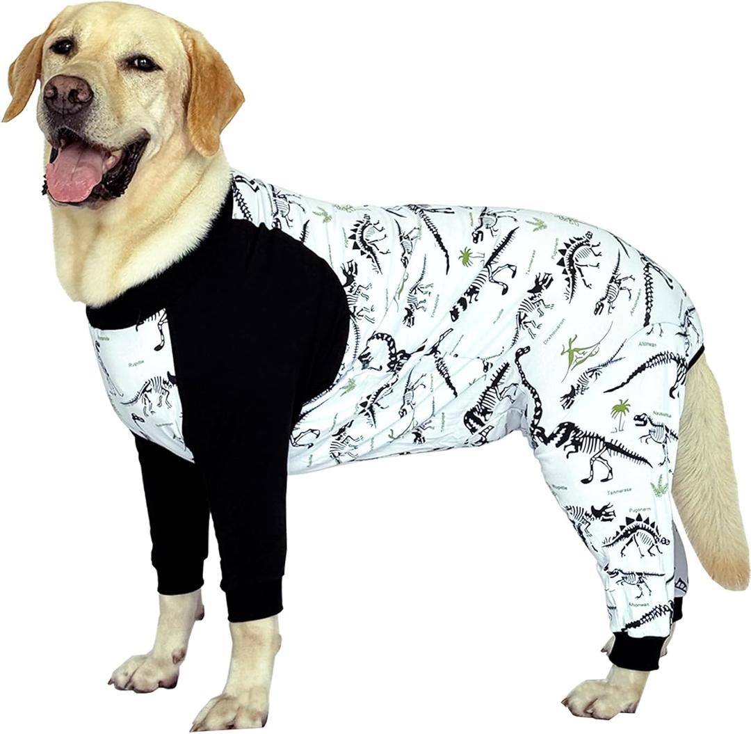 Dogs Cotton Pajamas with White Dinosaur Pattern Onesie Jumpsuit for Large Dog Full Coverage Sleeper Pets Shirts pjs(3XL，White)