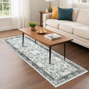 Runner Rug, 2x6 Runner Rug Non Slip Washable for Hallway,Floral Area Rug for Bedroom Living Room Beside Dorm Entryway Kitchen, Grey and White
