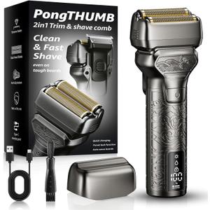 Electric Razor for Men with Pop-Up Trimmer: Rechargeable Cordless Foil Shaver for Face - Wet/Dry/Anti-Slip Waterproof Shavers with LED Display - Metal Handheld Design Light Gray