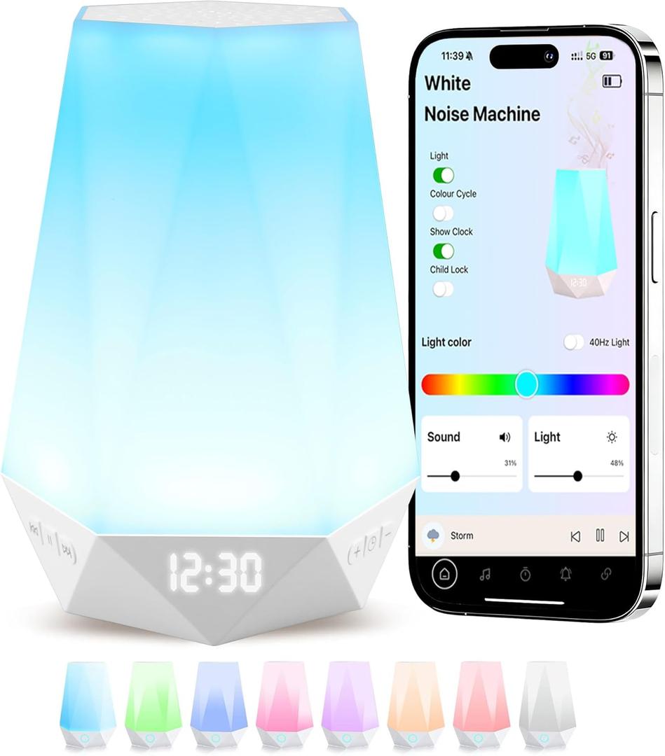 Sleep Sound MachinesWhite Noise Machine for Baby Sleeping with Night Light, Portable Sound Machine with 32 Soothing Sounds, 8 Night Light Colors, Timer, App Remote Control, Personal Sleep Routine