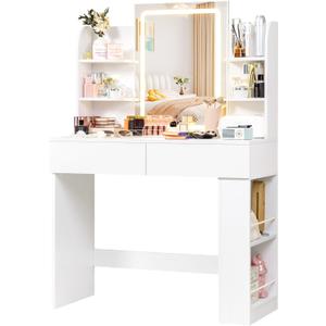 Furmax Vanity Desk with Mirror and LED Lights, Makeup Vanity Table with 3 Lighting Color, Adjustable Brightness, Vanity Table with 2 Drawers, Side Storage, for Bedroom (White, No Bench)