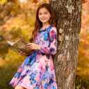 Funnycokid Girls Dress Size 4-13 Long Sleeve Kids Clothes (Butterfly Pink)