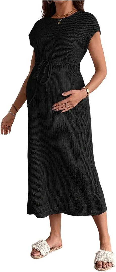 OYOANGLE Women's Maternity Summer Casal Short Sleeve Midi Dress Drawstring Waist Textured Pregnancy T Shirt Dress (Black, M)