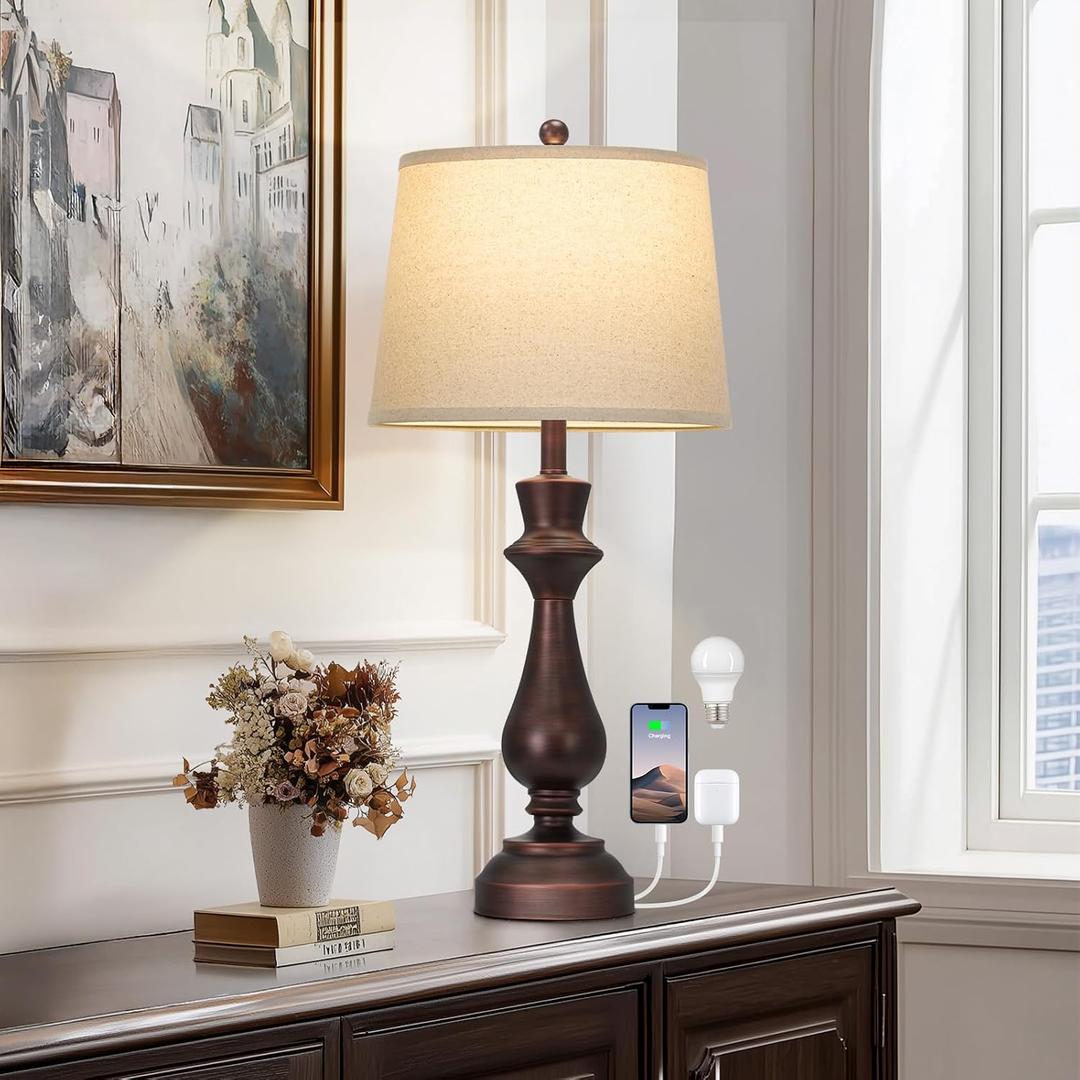 Cinkeda Touch Lamps for Night Stand- 29.5" Tall Bedside Lamp with USB C+A, 3 Way Dimmable Bedroom Lamps, Vintage Brown Table Lamps for Living Room,Single Brown