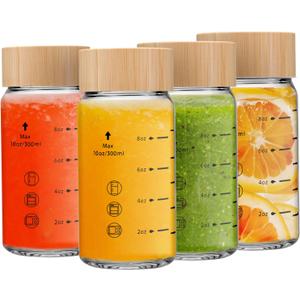 10oz Juice Bottles - 4 Pack Wide Mouth Glass Bottles with Lids- BPA Free, Bamboo Lids for Juicing, Smoothies, Infused Water, Beverage Storage - Leakproof, Borosilicate, Clear