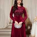 Bbonlinedress Velvet Sequin Cocktail Long Sleeve Dress for Women Velvet Vintage Wedding Guest Midi Dress (Large, Burgundy)