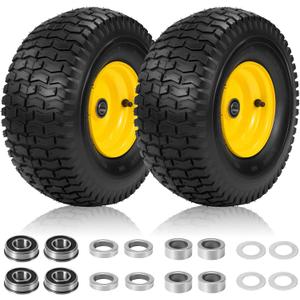 2 Pcs 15x6.00-6 Tubeless Lawn Mower Tire and Wheel, 15x6-6 Lawn Mower Front Tires, Compatible with John Deere Riding Mowers Lawn Tractors, with 3/4" & Extra 5/8" Bearings, 3"-4.4" Offset Hub, Yellow