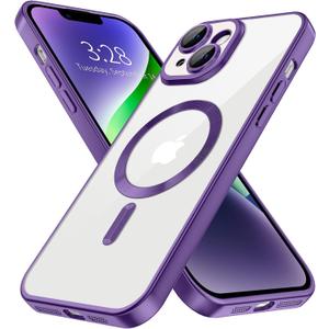 Hython Magnetic Clear for iPhone 14 Case with Camera Lens Protector [Compatible with MagSafe] Luxury Plating Edge Slim Soft TPU Cover Protective Phone Case for iPhone 14 6.1", Matte Purple