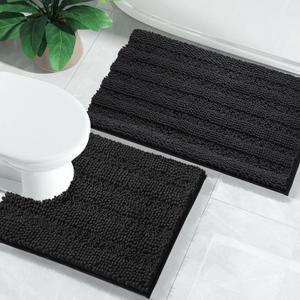 Yimobra Bathroom Rugs Sets 2 Piece, Soft Absorbent Chenille Bath Mat and U-Shaped Toilet Rug, Non Slip Machine Washable Quick Dry, Plush Shower Rugs for Bathroom Floor, 24"x17"+24"x20", Black