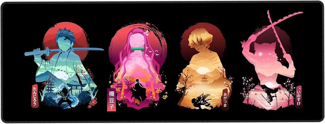 Anime Large Gaming Laptop Mouse Pad Tanjiro Nezuko Zenitsu Inosuke, Big Desk Pads PC Keyboard Waterproof and Non-Slip 31.06 x 11.8inches 3mm Thick Rubber Table Mat Black