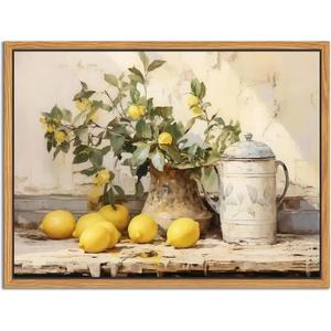 Floating Framed Vintage Kitchen Wall Art, Yellow Lemon Still Life Wall Decor Oil Paintings, Rustic Farmhouse Artwork Canvas Posters Prints Pictures for Living Room Bedroom Home Decor 8x10 Inch