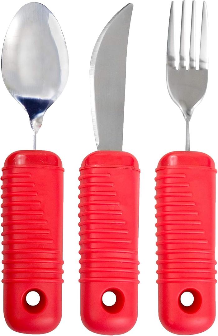 3 Piece Super Easy Grip Red Flatware Set - Bendable Built Up Large Fork, Knife, and Spoon - Red