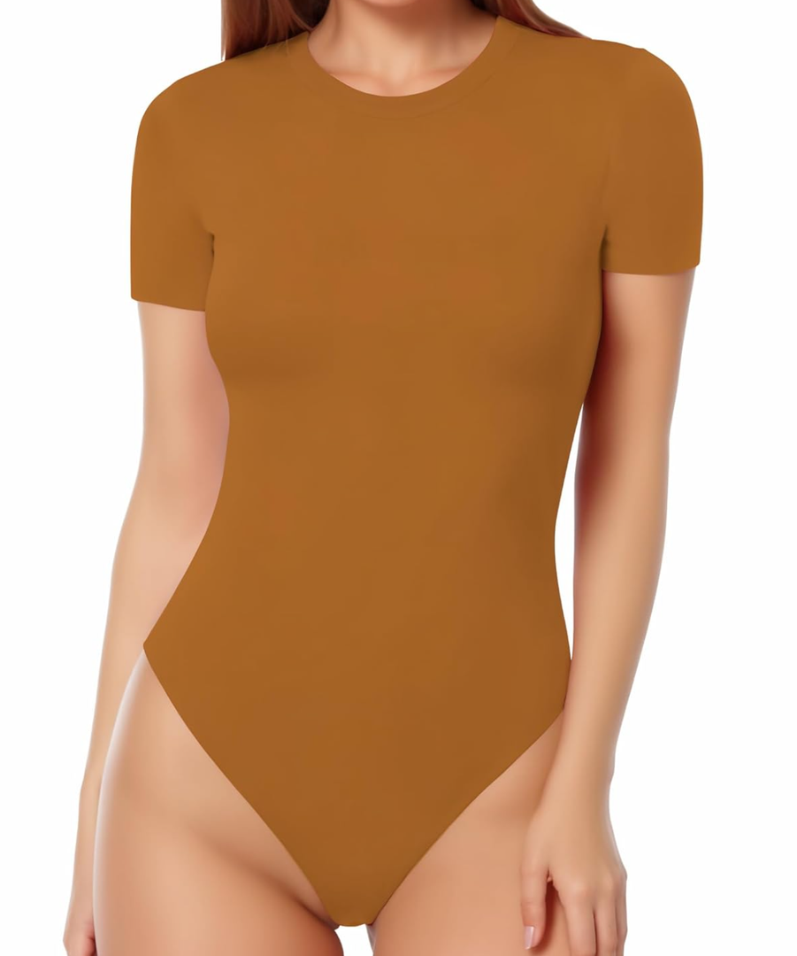 MANGOPOP Women's Round Neck Short Sleeve Bodysuit T Shirts Basic Body Suit Tops, XL