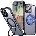 for iPhone 16 Pro Max Case with Screen Protector & Lens Protector [15 FT Military Drop Protection] Magnetic Kickstand Compatible with MagSafe Slim Translucent Case (Black)