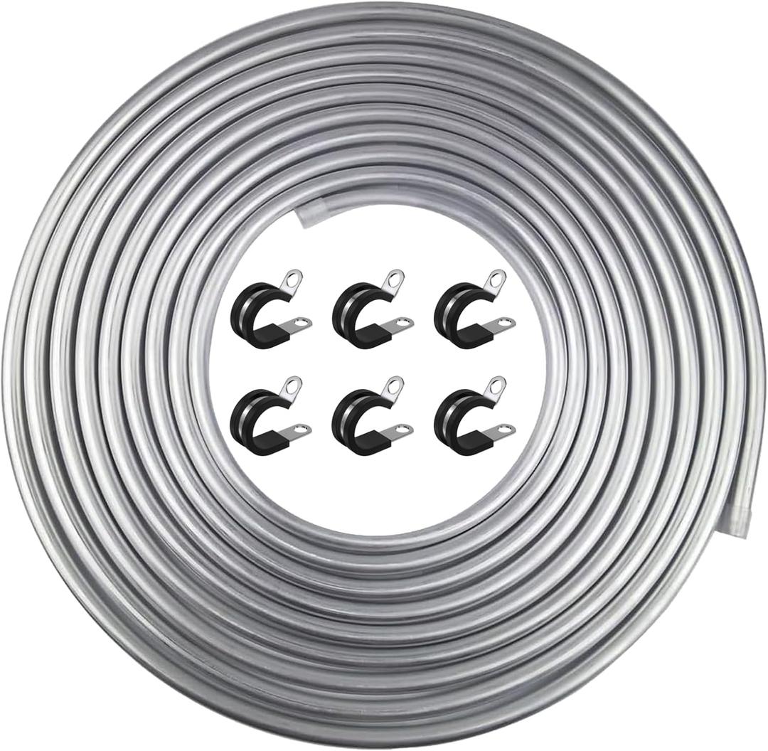 3/8" OD Fuel Line, 25FT Transmission Line, 3003 Grade Aluminium Tubing with 6 Clamps/Holders for Brake Line, Metal Gas Line, Refrigeration Equipment