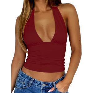 TiulZial Womens Backless Halter Tops Deep V Neck Sexy Crop Tank Top Open Back Sleeveless Slim Fit Y2k Summer Tops Burgundy Crop Top, M