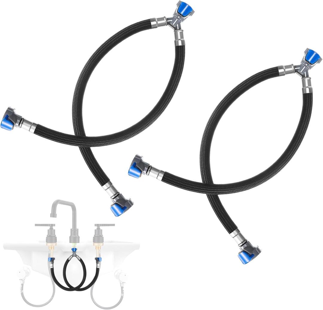2 Pcs 12 Inch Quick Connect Water Hose Faucet Supply Lines Hot & Cold Water Mixer Line Replacement V-shape Widespread Bathroom Sink Faucet Y Hose with Snap-in Fast Lock Pipe(Black Blue)
