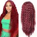 34 Inch Deep Wave Human Hair Wig 4x4 HD Lace Front Wigs 180% Density Glueless Wear Pre Plucked Curly Frontal Wigs Human Hair for Women (99J Burgundy Color)