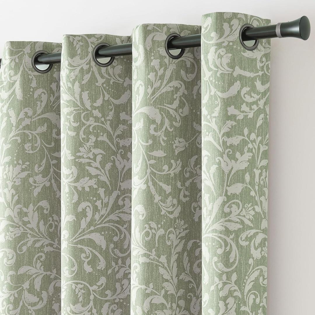 jinchan 80% Blackout Curtains for Living Room, Farmhouse Drapes with Scroll Floral Patterned for Bedroom, Grommet Top Thermal Insulated Curtains, Vintage Country Drapes 90 inch Length 2 Panels Green