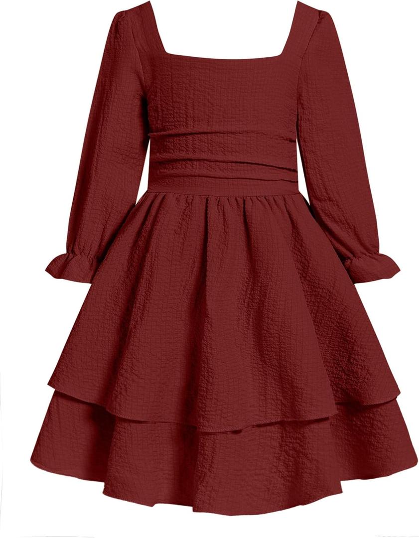 JiAmy Girls Dresses Square Neck Lantern Long Sleeve Ruched Smocked Back Double Layer Ruffle Dress (7-8 Years, Wine Red)