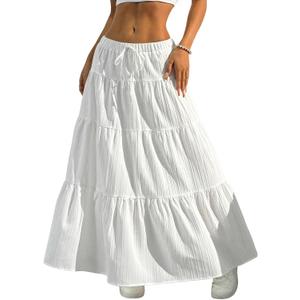 DERAX Women's Boho Flowy White Maxi Skirt Flared Ruffle Elastic Waist Summer A Line 2026 Spring Long Skirts (White, S)