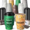 100 Sets 12 oz Disposable Coffee Cups with Lids, Sleeves, Straws, Motivational to Go Paper Cups for Hot & Cold Drinks Chocolate Cocoa Beverage Home Coffee Shop Office, 5 Styles