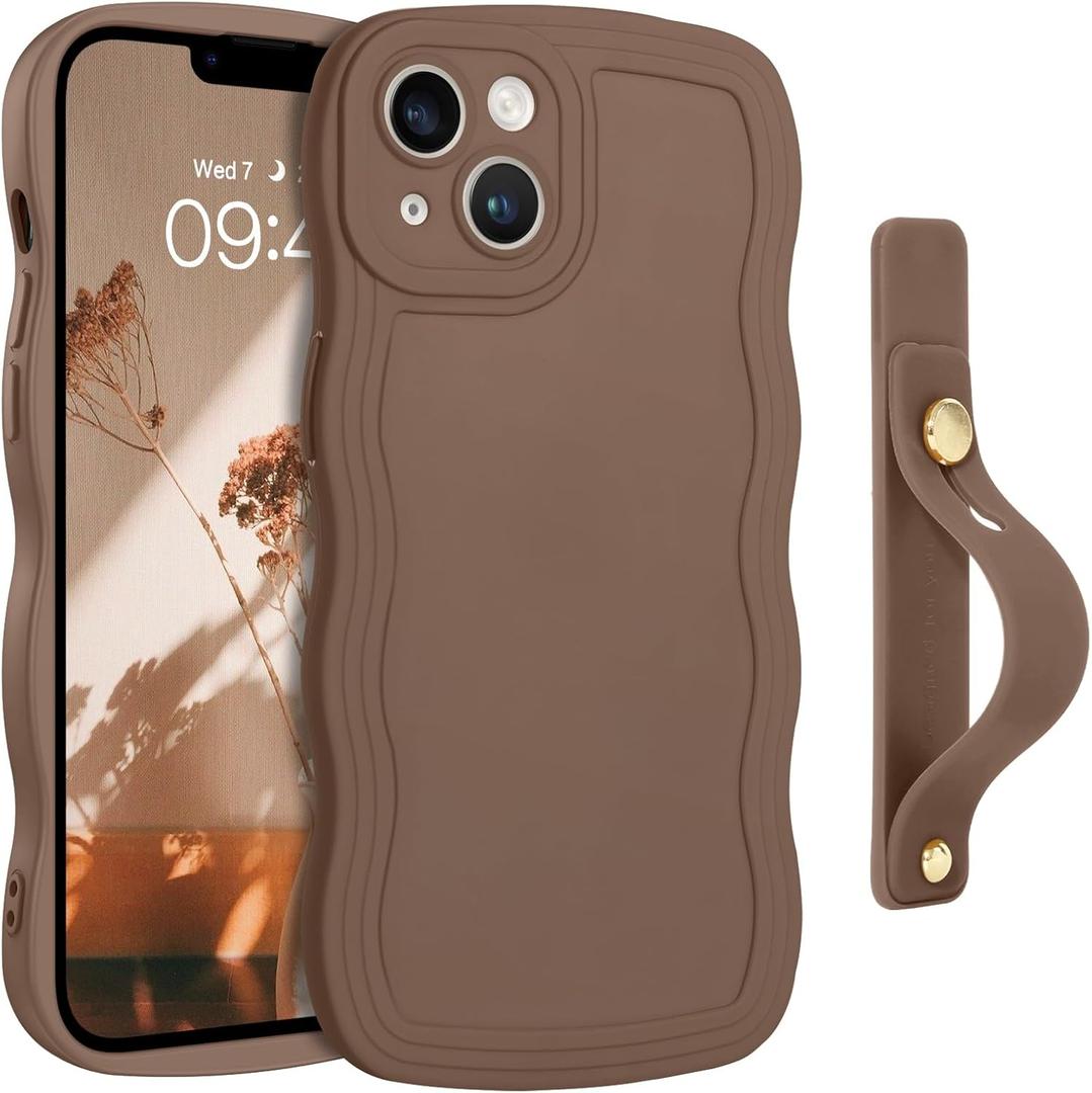 GUAGUA for iPhone 13 Case with Wrist Strap, iPhone 13 Wavy Phone Case Cute Curly Wave Shape Design with Adjustable Wristband Kickstand Shockproof Protective Phone Case for iPhone 13 6.1 Inch, Brown