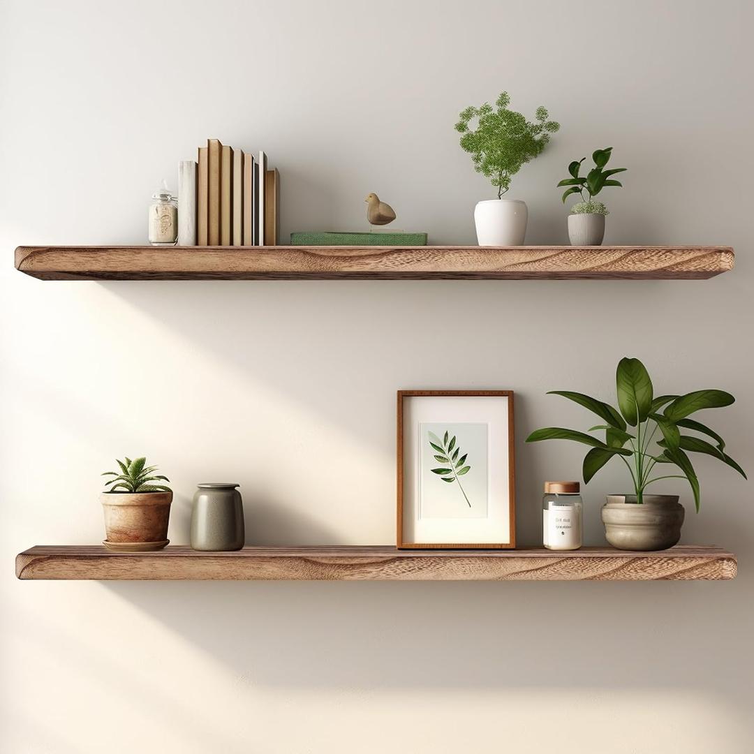 Floating Shelves 36 Inches Long, Set of 2 Solid Rustic Wood Wall Mounted Shelves, Wall Picture Ledge Shelf with Invisible Metal Brackets for Living Room, Bedroom, Bathroom, Carbonized Black