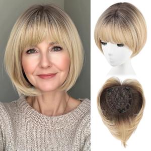 EMMOR Hair Toppers for Women Short Bob Synthetic HairPieces with Bangs 10" Side Part Toppers for Women with Thinning Hair 7"  7" Larger Base(Ombre Light Blonde)