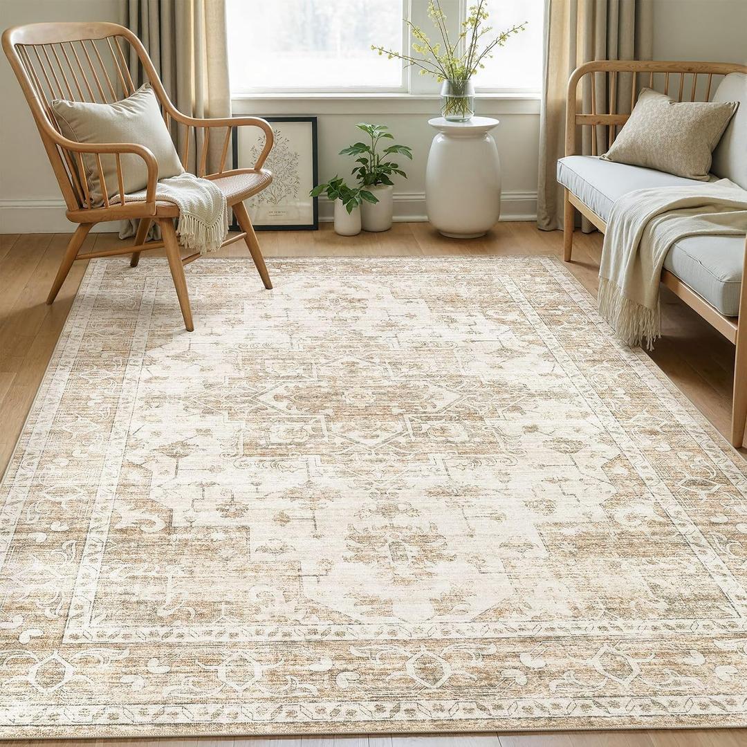 Washable Area Rugs 7x9, Soft Large 7x9 Rugs for Living Room Non-Slip Vintage Beige Indoor Carpet Stain Resistant Rugs for Dining Room Bedroom Nursery Kid & Pet Friendly