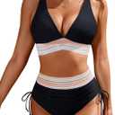 Blooming Jelly Womens High Waisted Bikini Sets Color Block Tummy Control Swimsuits Drawstring Two Piece Bathing Suit (Small, Black)