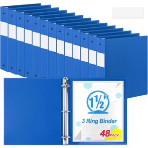 Henoyso 48 Pcs Blue 1.5 Inch 3 Ring Plastic Binder Bulk, 1 1/2 Inch Soft Flexible Binders Three Round Rings Fit 8.5x11 Papers for School Office Home File Organization Supplies