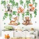 wondever Woodland Animal on Swings Wall Stickers Baby Bear Deer Fox Leaves Peel and Stick Wall Art Decals for Children Nursery Kids Bedroom Living Room