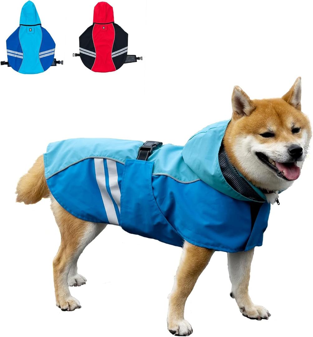 Dog Raincoat for Medium Large Extra Large Dogs, Waterproof Rain Jacket with Reflective Strap, Lightweight Hoodies Full-Body Coverage Dry Clothes (M, Blue)