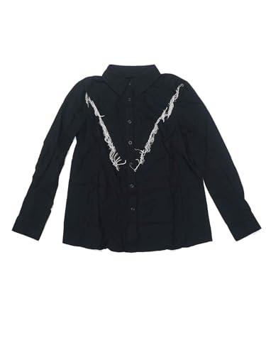 Allegra K Fringe Button Down Shirt for Women's Long Sleeve Spakle Tassel Western Cowgirl Blouse L Black